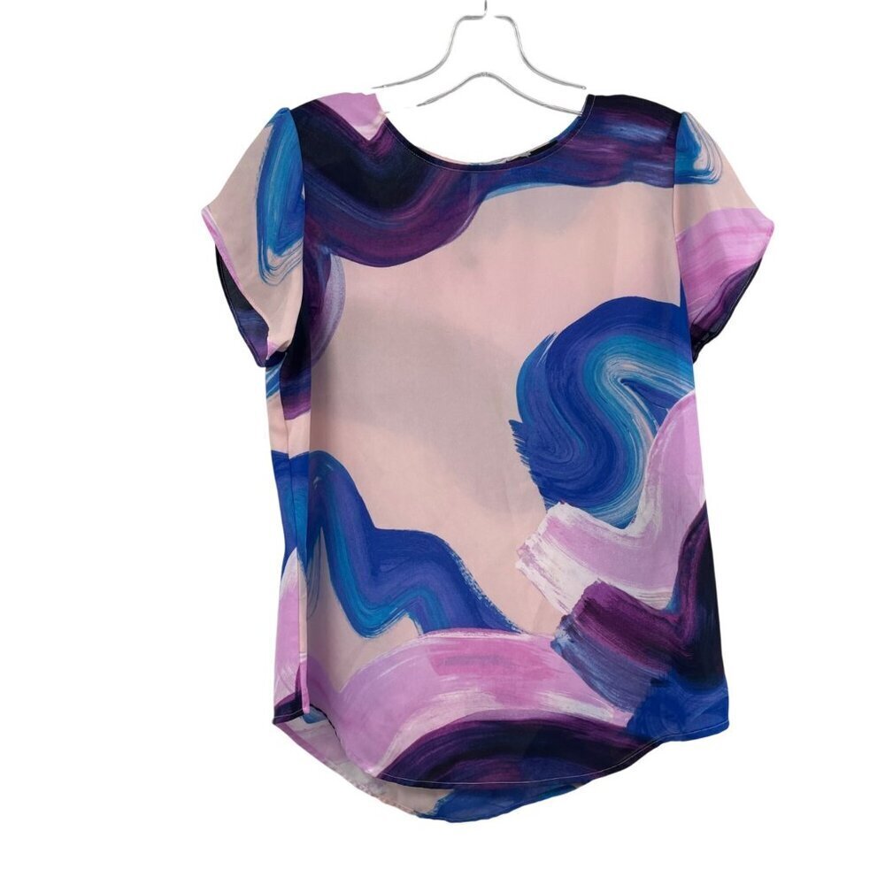 DKNY Womens Sheer Blouse Multicolor Print Short Sleeve Size Small